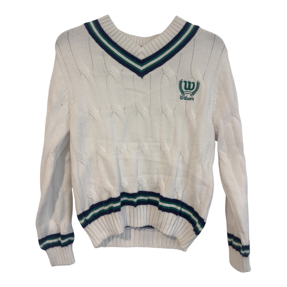 Wilson Kids White Cable Knit V-Neck Varsity Sweater Green Navy Trim Size M 8